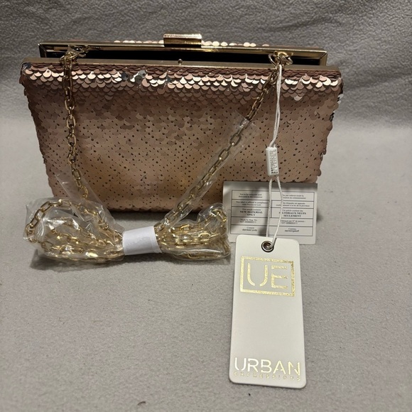Urban Expressions Handbags - Urban Expressions Sequin Rose Gold Vegan Leather Clutch Snap Closure Chain Strap
